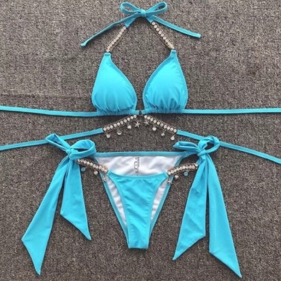 Baby Blue Crystal Rhinestone Halter Tie Bikini Set - Picture 3 of 7